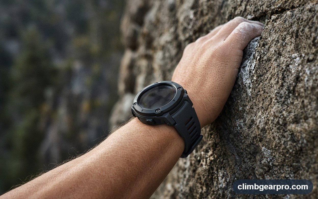 Close-up detail of rugged GPS climbing watches while climbing