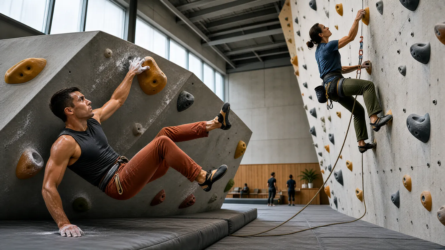 Boulderer and route climber on separate walls in a climbing gym