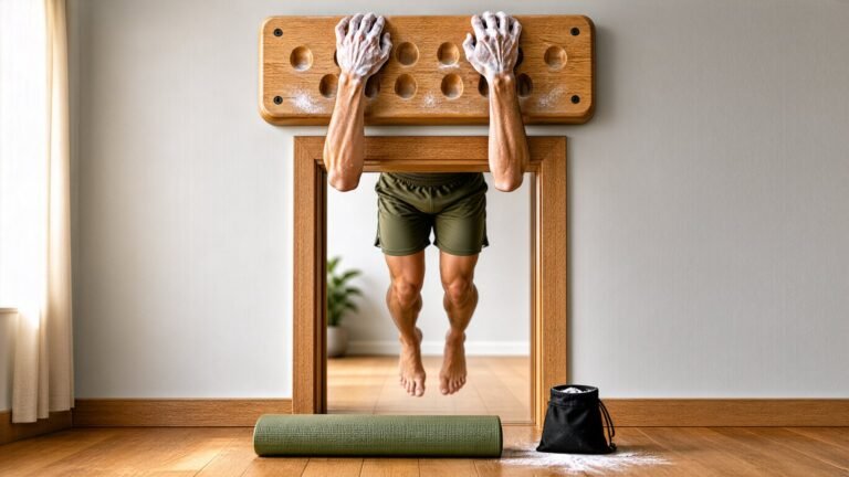 Chalked hands gripping a wooden hangboard in a home training corner