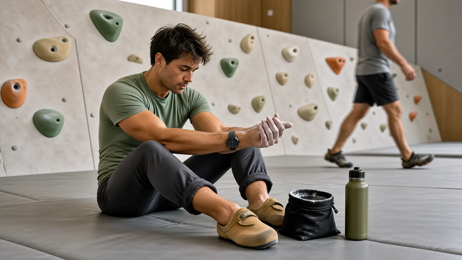 Climber stretching forearms on a mat during a warm-up routine