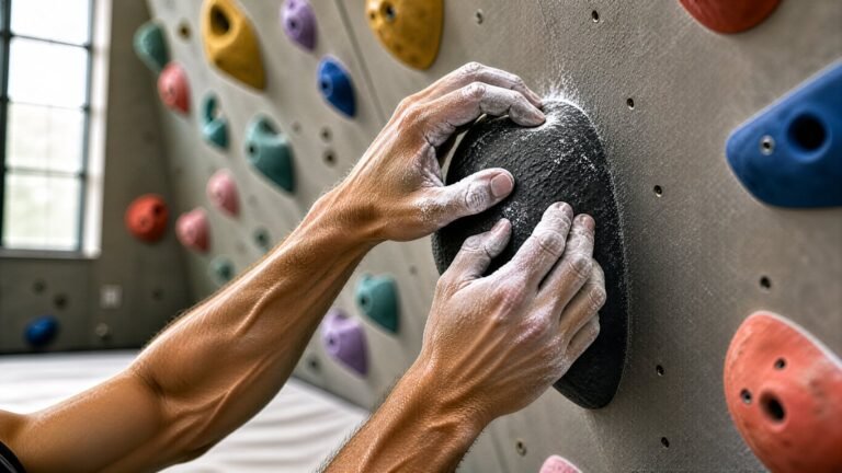 Climber's chalked hands gripping a colourful indoor climbing wall hold