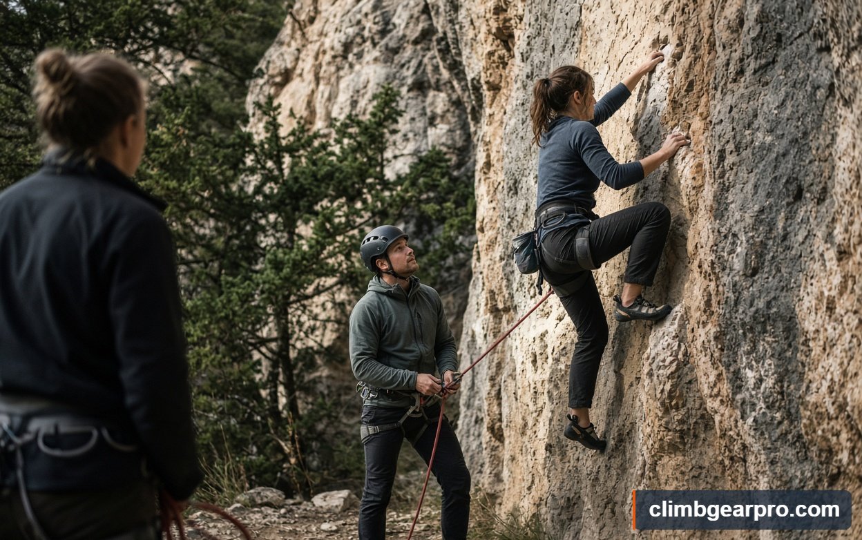A climber using climbing etiquette at the gym and crag at an outdoor crag