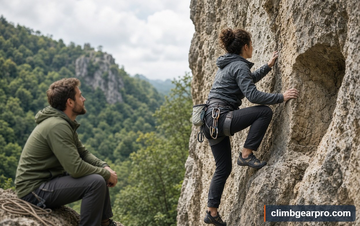 Close-up detail of climbing etiquette at the gym and crag while climbing