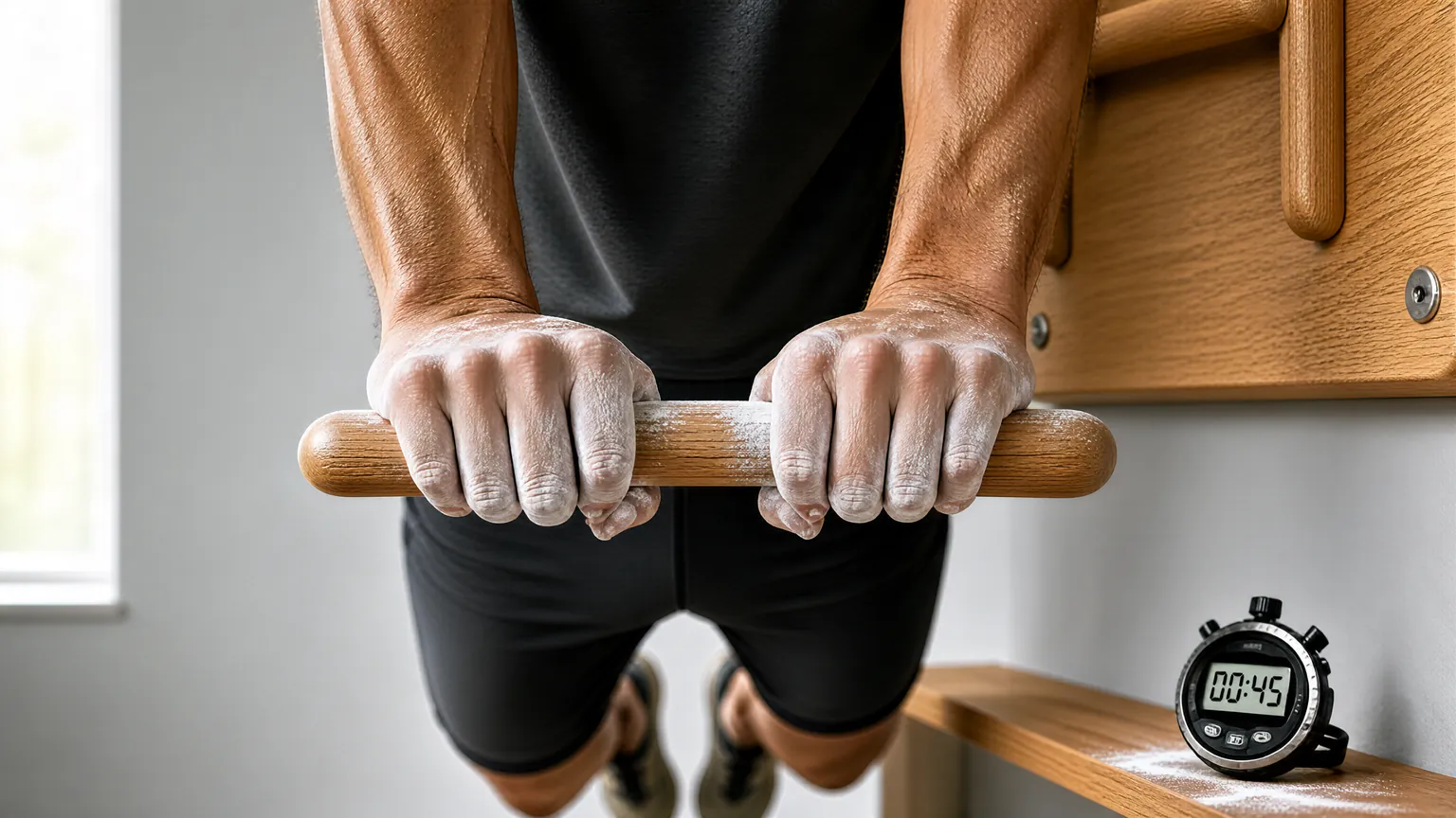 Fingers hanging from a wooden rung during a hangboard session