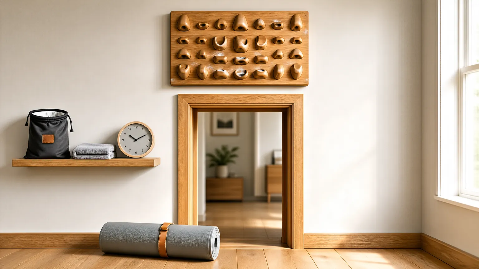 Home hangboard setup with chalk bag, towel and clock nearby