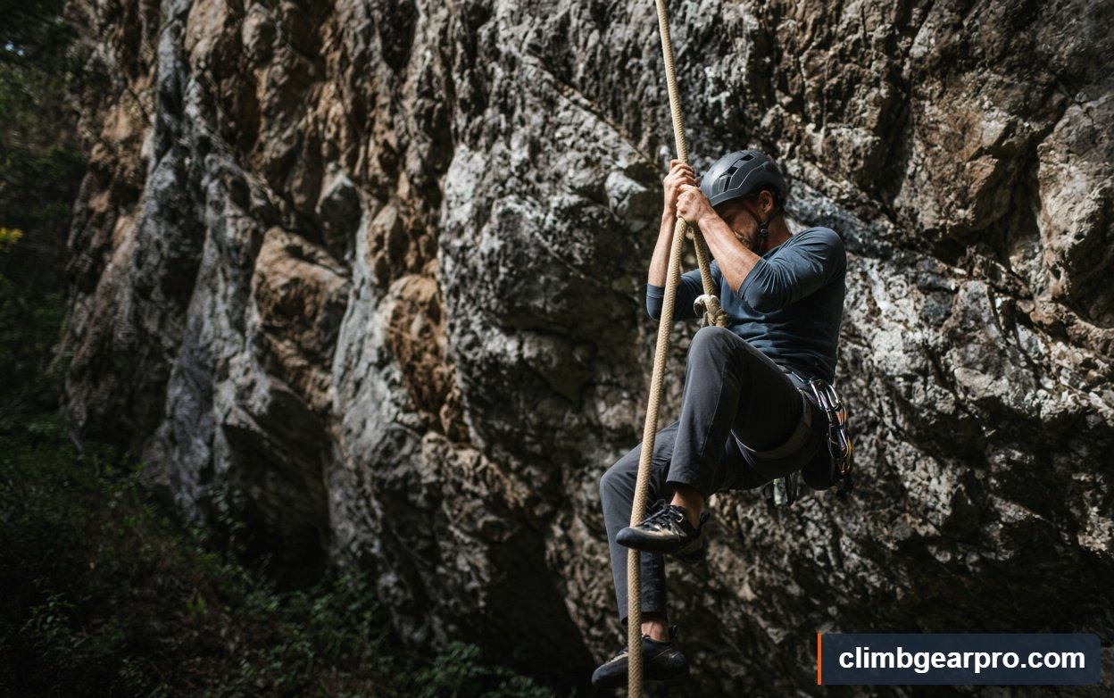 Close-up detail of how to climb a rope while climbing