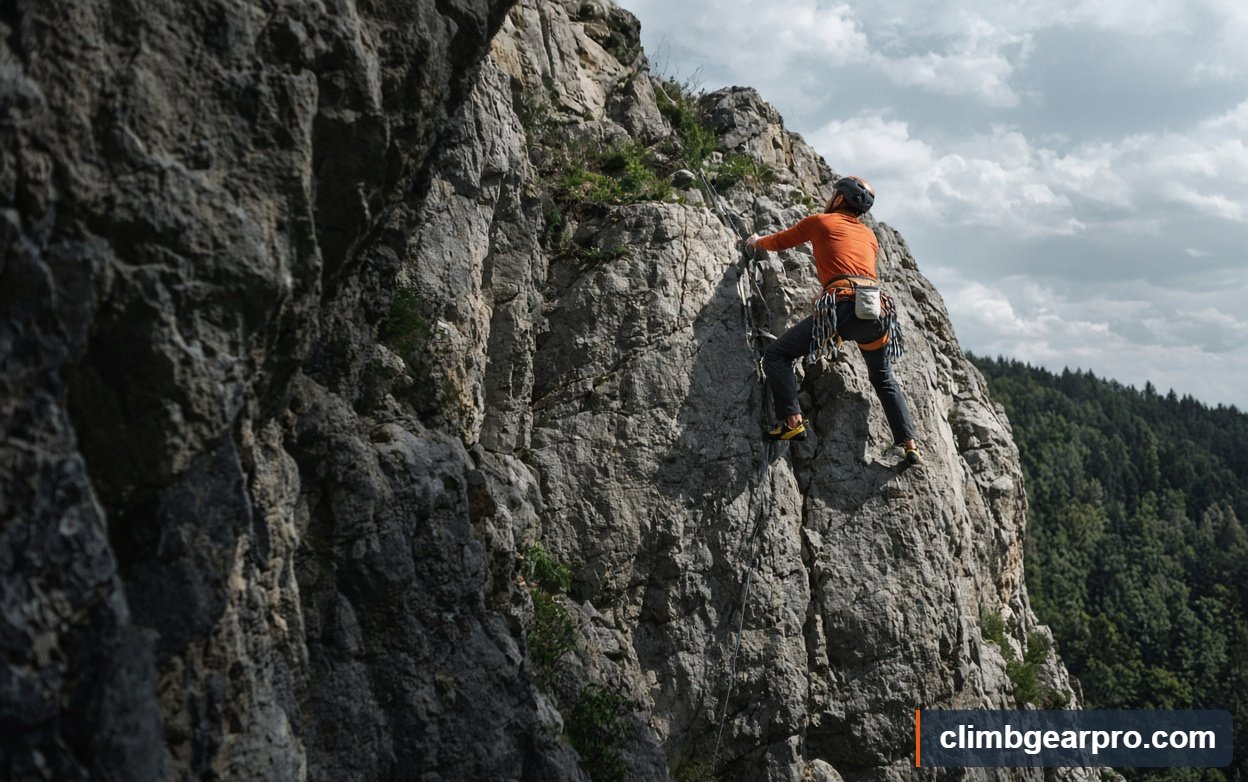 A climber using how to read a climbing route at an outdoor crag