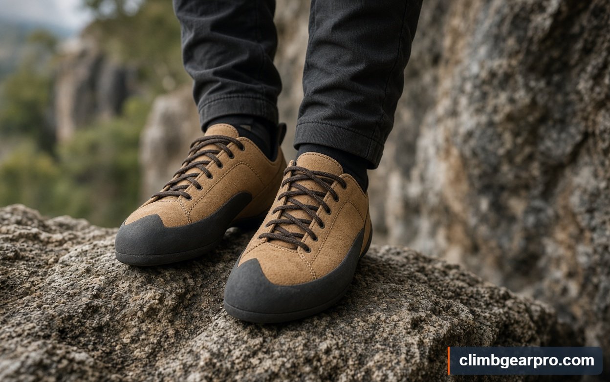 A climber using lace-up climbing shoes at an outdoor crag