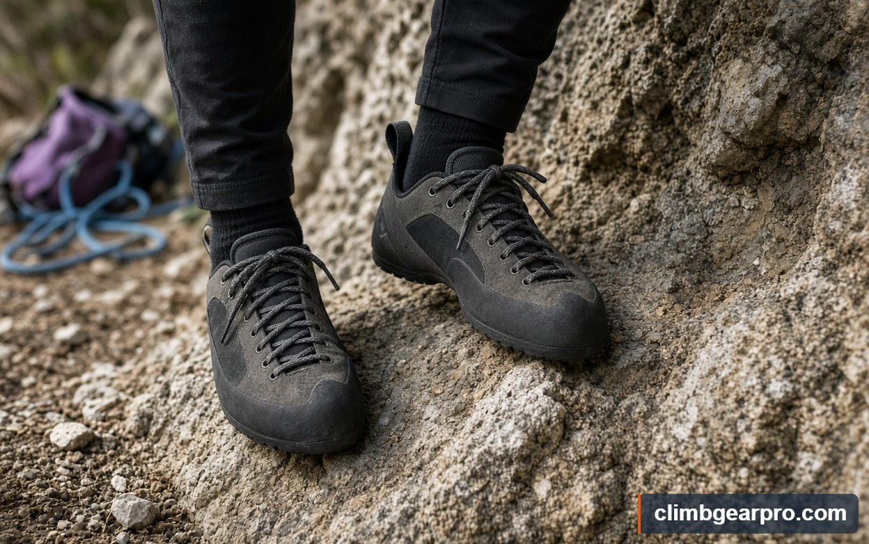 Close-up detail of lace-up climbing shoes while climbing