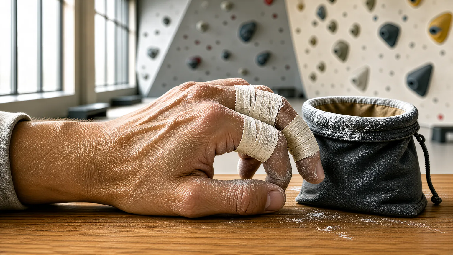 Taped climber's hand resting on table showing finger tendons