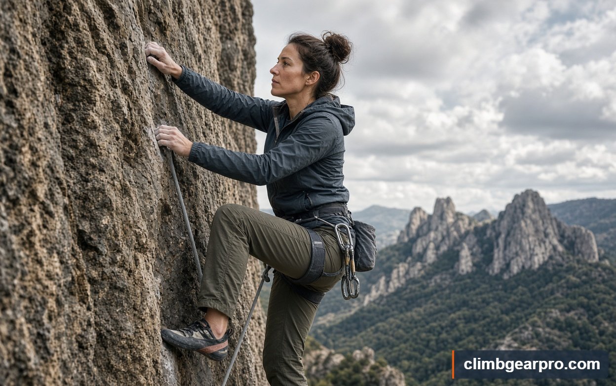 A climber using what to wear rock climbing at an outdoor crag